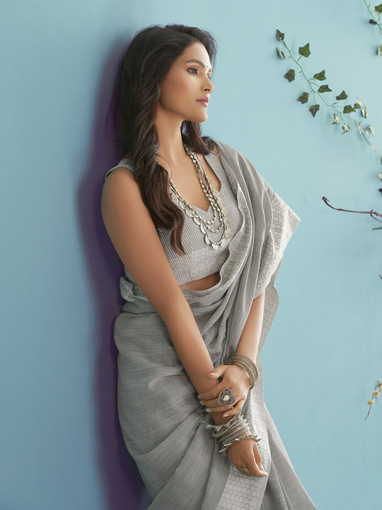 Grey Soft Linen Silk With Chikankari Weaved Border Saree With Blouse Piece