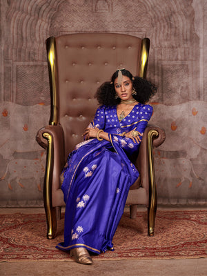 Dark Blue Satin Festive Wear Saree With Blouse Piece