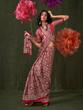 Orange Printed Ajarakh - Satin Crepe Saree With Blouse Piece