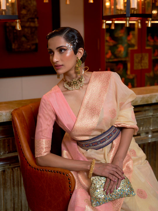 Cream Linen Blend Silk Saree With Blouse Piece