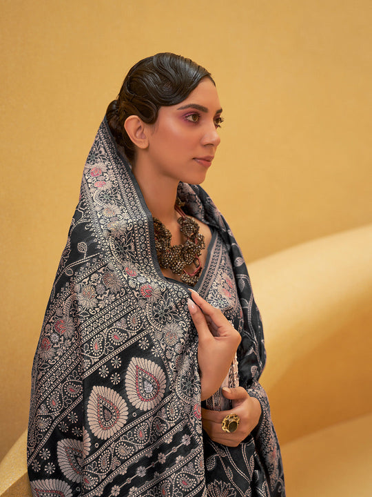 Black Chikankari Saree With Blouse Piece