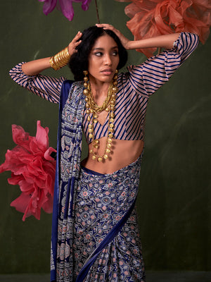 Blue Printed Ajarakh - Satin Crepe Saree With Blouse Piece