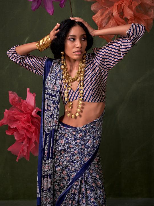 Blue Printed Ajarakh - Satin Crepe Saree With Blouse Piece