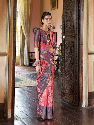 Salmon Pink Pure Silk Pochampally Weaving Saree With Blouse Piece