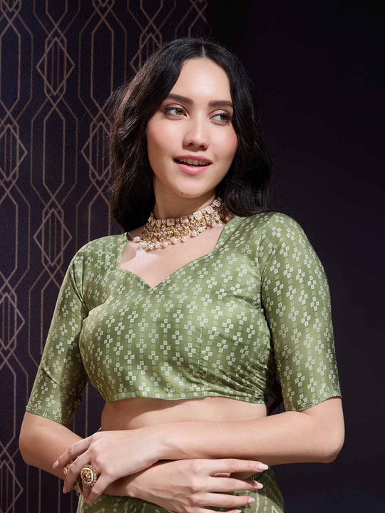 Green Georgette Swarovski Stone Embellished Printed Saree With Blouse Piece