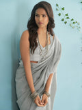 Grey Soft Linen Silk With Chikankari Weaved Border Saree With Blouse Piece