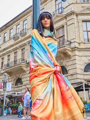 Multicolor Silk Printed Saree With Blouse Piece