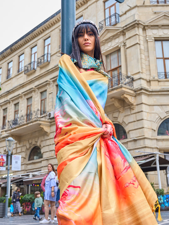 Multicolor Silk Printed Saree With Blouse Piece