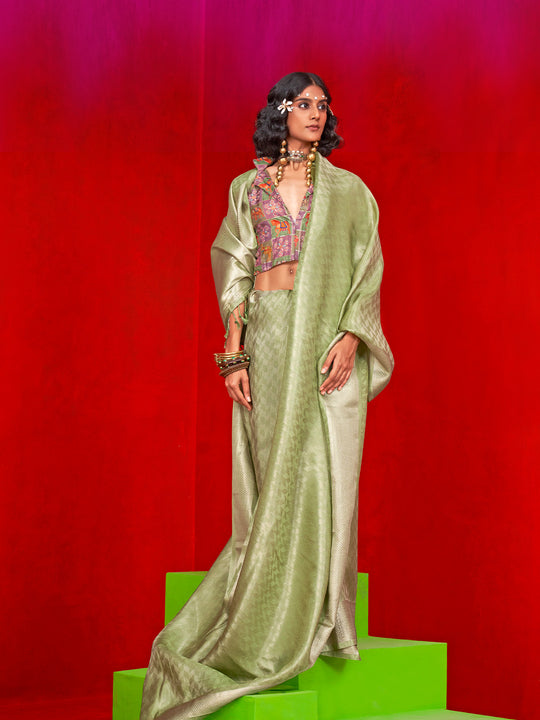 Green Pure Self Zari Tissue Handloom Silk Saree With Blouse Piece