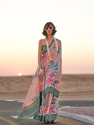 Pink Printed Linen Blend Saree With Blouse Piece