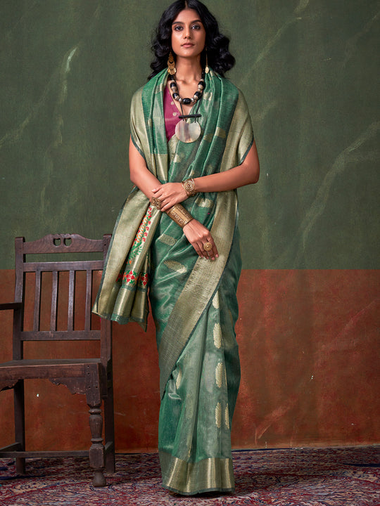 Green Paithani Tissue Saree With Blouse Piece