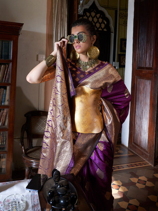 Purple Two-Tone Handloom Weaving Silk Saree With Blouse Piece