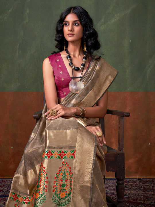 Brown Paithani Tissue Saree With Blouse Piece