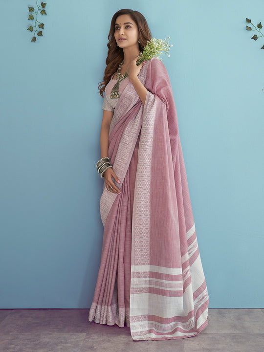 Pink Soft Linen Silk With Chikankari Weaved Border Saree With Blouse Piece