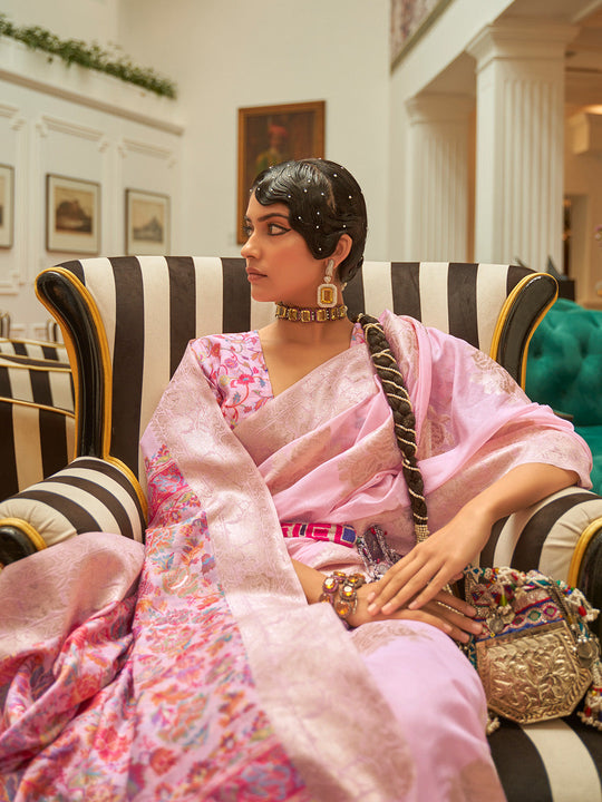 Pink Pashmina Kashmiri Modal Saree With Blouse Piece