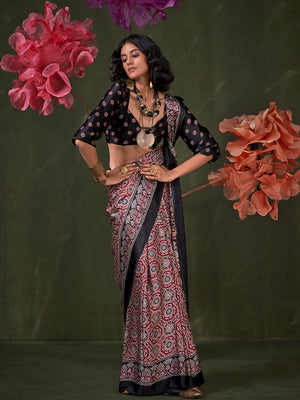 Red Printed Ajarakh - Satin Crepe Saree With Blouse Piece