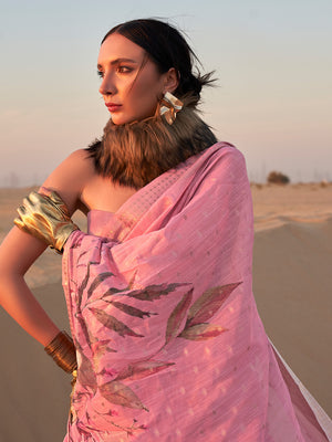 Pink Printed Linen Blend Saree With Blouse Piece