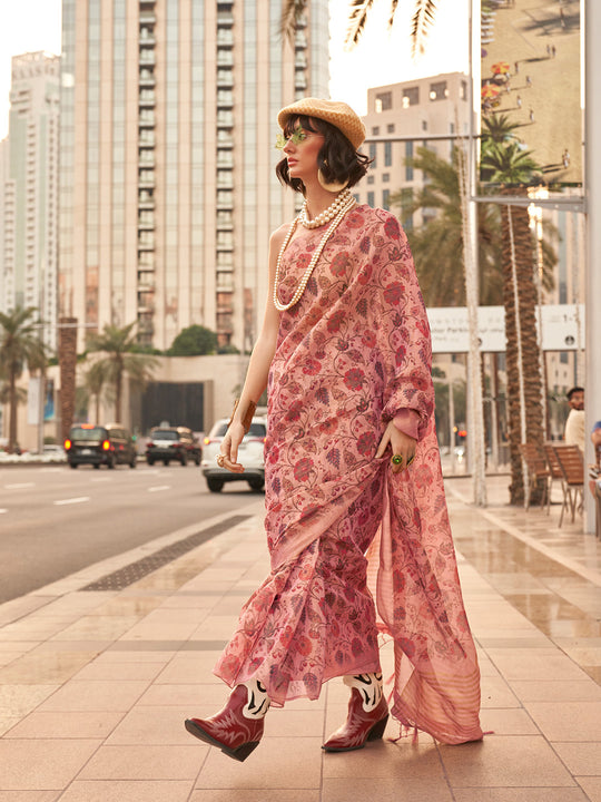 Pink Printed Zari Tissue Saree With Blouse Piece