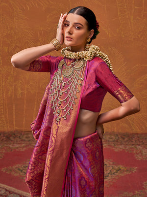 Wine Handloom Weaving Silk Saree With Blouse Piece