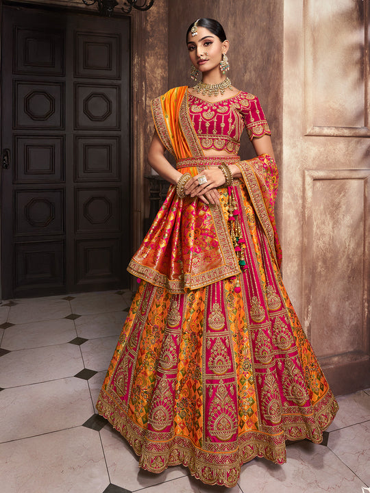 Yellow & Red Banarasi Silk Lehenga Choli