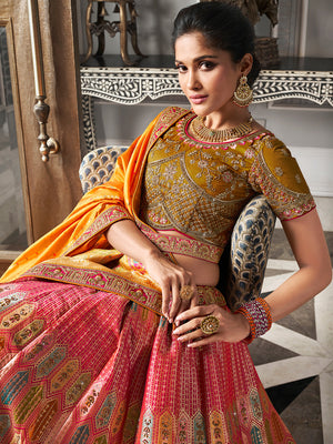 Multicolor & Yellow Banarasi Silk Semi Stitched Lehenga