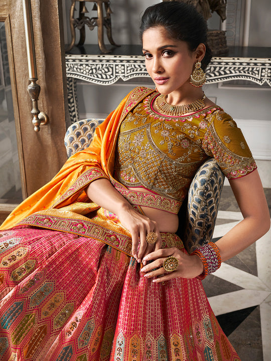 Multicolor & Yellow Banarasi Silk Semi Stitched Lehenga