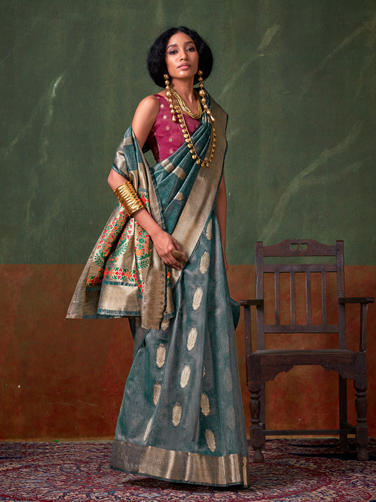 Blue Paithani Tissue Saree With Blouse Piece