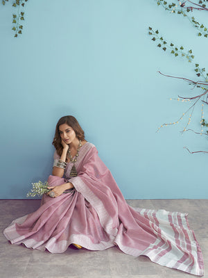 Pink Soft Linen Silk With Chikankari Weaved Border Saree With Blouse Piece
