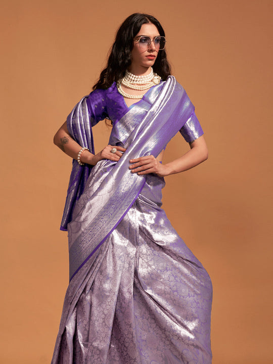 Purple Kanjivaram Silk Saree With Blouse Piece