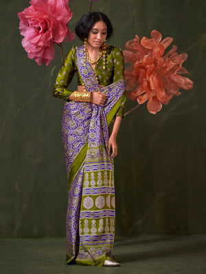 Wine-Green Printed Ajarakh - Satin Crepe Saree With Blouse Piece