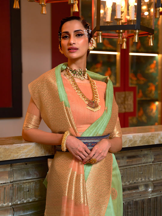 Green Linen Blend Silk Saree With Blouse Piece