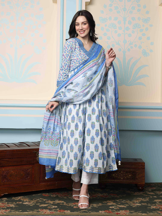 V-Neck Floral Printed Empire Pure Cotton A-Line Kurta with Trousers & Dupatta