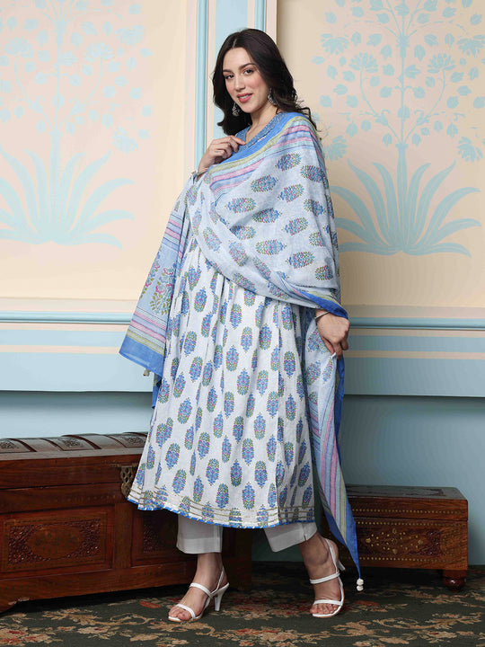 V-Neck Floral Printed Empire Pure Cotton A-Line Kurta with Trousers & Dupatta