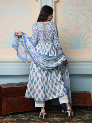 V-Neck Floral Printed Empire Pure Cotton A-Line Kurta with Trousers & Dupatta