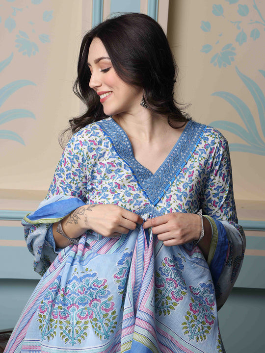 V-Neck Floral Printed Empire Pure Cotton A-Line Kurta with Trousers & Dupatta