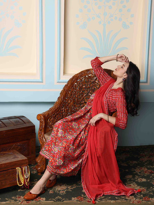 V-Neck Floral Printed Empire Pure Cotton A-Line Kurta with Trousers & Dupatta