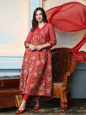 V-Neck Floral Printed Empire Pure Cotton A-Line Kurta with Trousers & Dupatta