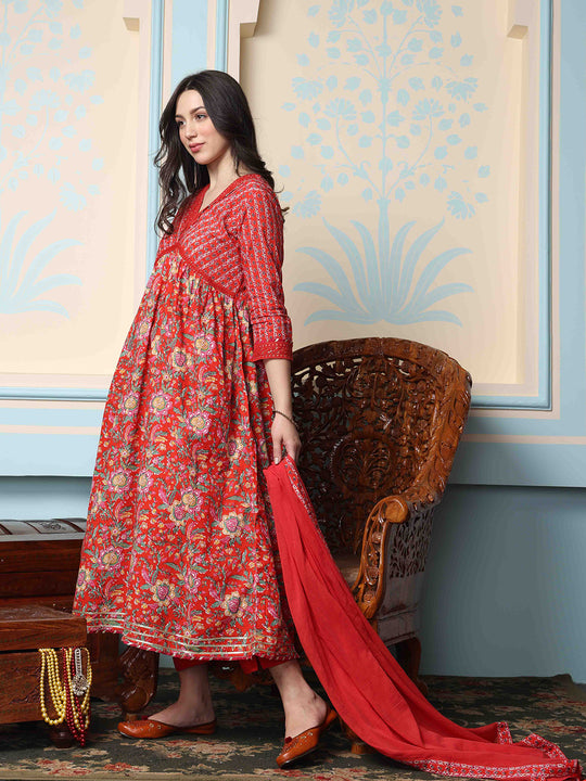 V-Neck Floral Printed Empire Pure Cotton A-Line Kurta with Trousers & Dupatta