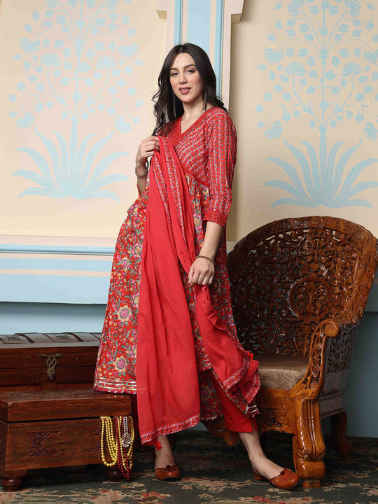 V-Neck Floral Printed Empire Pure Cotton A-Line Kurta with Trousers & Dupatta