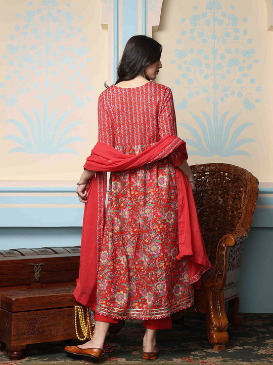 V-Neck Floral Printed Empire Pure Cotton A-Line Kurta with Trousers & Dupatta