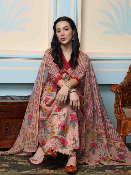 Floral Printed Regular Pure Cotton Kurta with Trousers & Dupatta