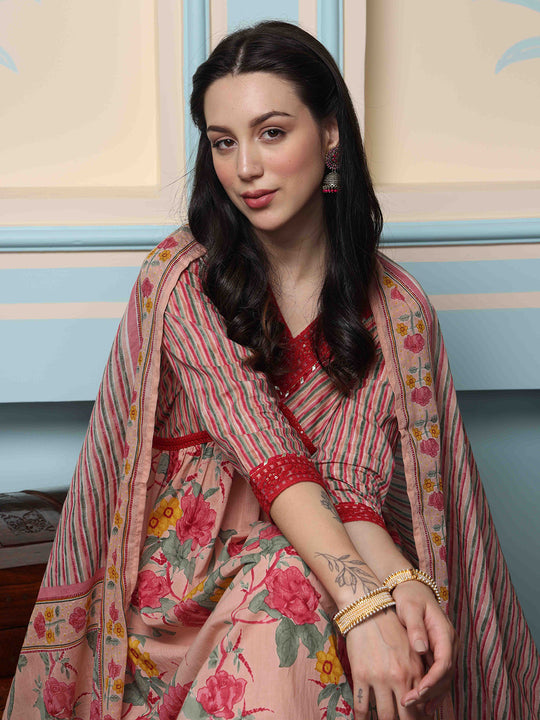 Floral Printed Regular Pure Cotton Kurta with Trousers & Dupatta