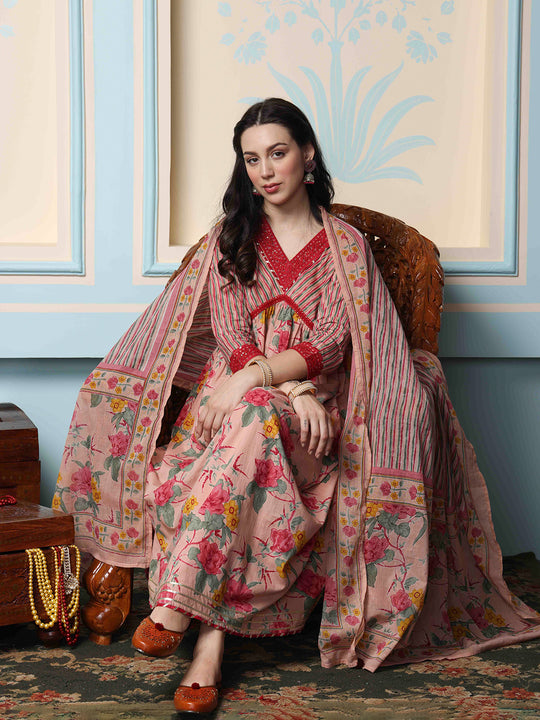 Floral Printed Regular Pure Cotton Kurta with Trousers & Dupatta