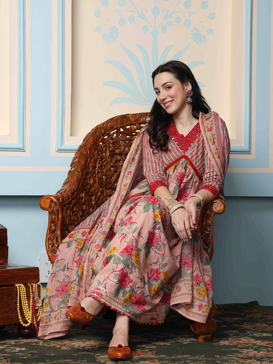 Floral Printed Regular Pure Cotton Kurta with Trousers & Dupatta