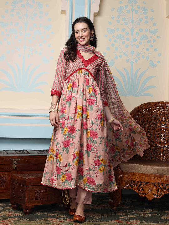 Floral Printed Regular Pure Cotton Kurta with Trousers & Dupatta