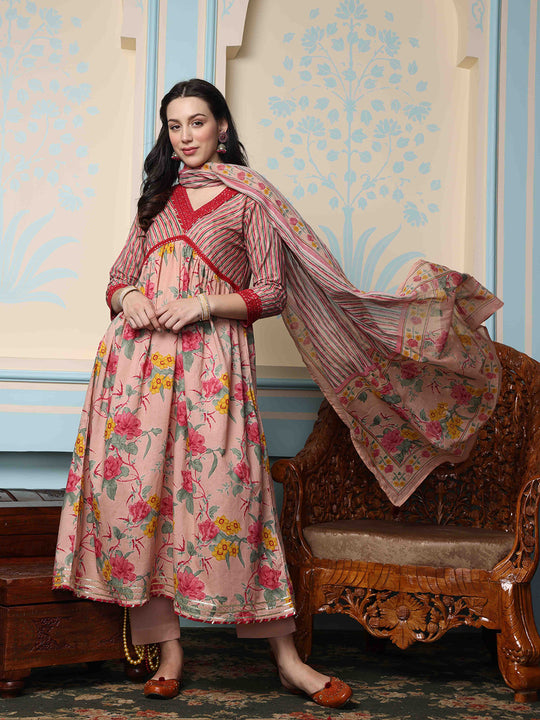Floral Printed Regular Pure Cotton Kurta with Trousers & Dupatta
