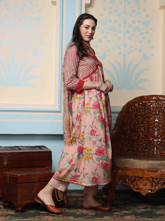 Floral Printed Regular Pure Cotton Kurta with Trousers & Dupatta