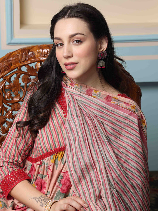 Floral Printed Regular Pure Cotton Kurta with Trousers & Dupatta