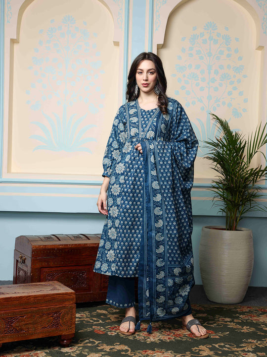 Floral Printed Round Neck Three-Quarter Sleeves Cotton Kurta with Trousers & Dupatta