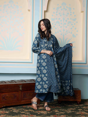 Floral Printed Round Neck Three-Quarter Sleeves Cotton Kurta with Trousers & Dupatta